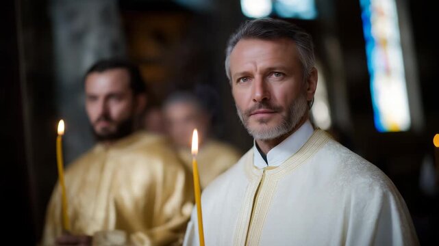 Majestic Orthodox liturgical moment featuring a patriarchal priest in richly embroidered white-gold robes holding three and two liturgical candles, deacons in gold vestments standi