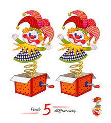 Find 5 differences. Drawing of funny toy clown. Logic puzzle game for children and adults. Page for kids brain teaser book. IQ test for smartest. Hand drawn flat vector illustration.