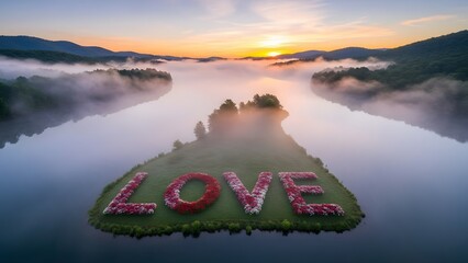 Happy valentine's day wishes with aerial love floral art on serene lake at sunset
