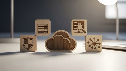 Cloud Computing Icons Representing Security and Data Analysis on a Modern Office Desk