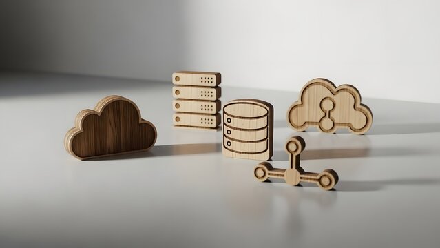 Cloud storage and database icons arranged on a minimalist white surface with a robotic arm - Powered by Adobe