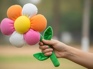 Child's Hand Holds Stuffed Fabric Flower with Vivid Petals, Outdoor Setting
