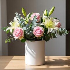 Elegant Floral Arrangement of Roses, Lilies, and Eucalyptus in White Vase