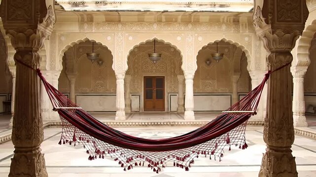 Red Hammock Suspended Between Ornate Pillars in a Moorish Courtyard Atrium