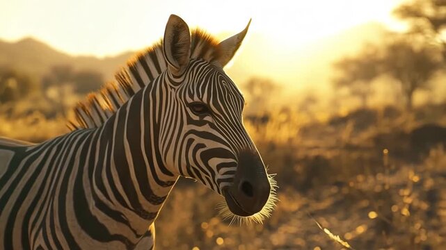 Wild zebra at golden sunset in savannah grassland, copy space