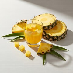 Fresh pineapple chunks with juice arranged beautifully on a white table