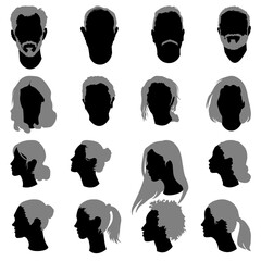 Set of face silhouettes, black and grey. Vector illustration
