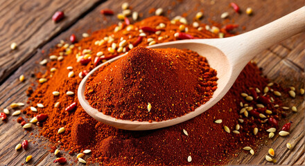 A wooden spoon filled with finely ground red chili powder sits atop a weathered wooden surface, exuding abundance and spice.