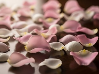 Gentle scattering of blush rose petals on a dark reflecting surface
