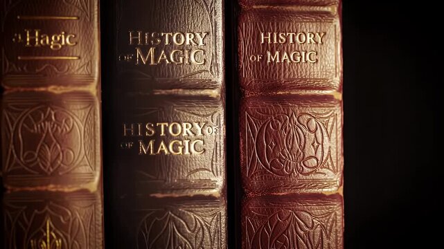 Row of Vintage Leather-Bound Books with Gold Embossed Spines Reading History of Magic on a Dimly Lit Shelf
