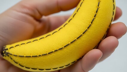 Hand holding a stitched banana toy crafted from bright yellow fabric