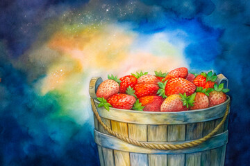 a painting of strawberries in a bucket