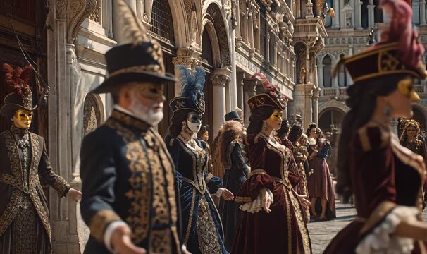 People in rich, period costumes and masks celebrating a traditional festival, walking in front of historic architecture