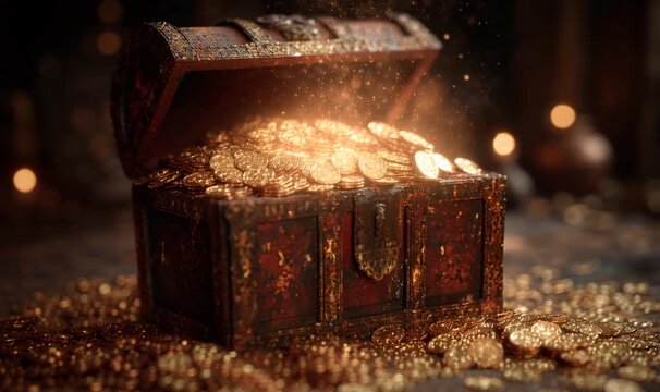 Wooden treasure chest overflowing with glowing gold coins and magic dust, representing wealth, success, and discovery