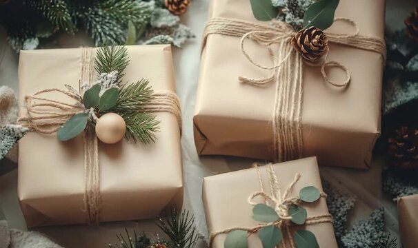 Gifts in eco-friendly kraft paper, decorated with natural elements like pine cones, evergreens, and twine for christmas
