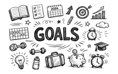 Hand-drawn doodles representing various life goals and aspirations in a sketch style