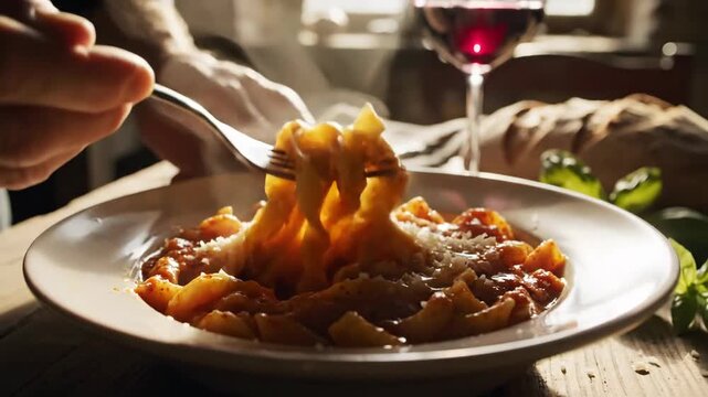 Chef grating cheese over pasta dish with red wine and bread on a rustic table
