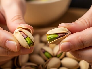 Pistachios held by a person ready to eat a delicious source of nutrition