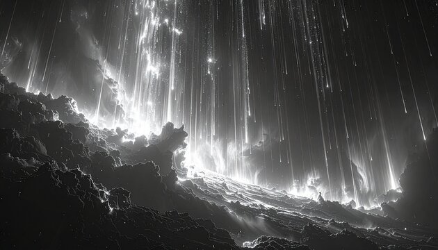 Black and white cosmic rain of glowing lines.