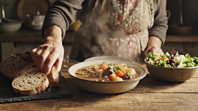 Close up of a person serving hot stew with fresh bread