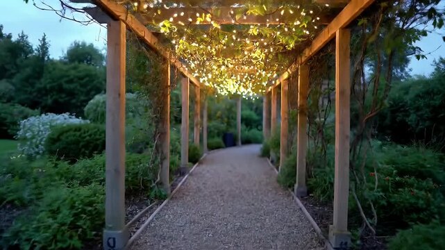 Serene sunlit wooden arbor walkway lined with ivy vines and gravel path