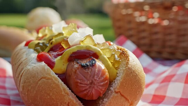 Close up of a prepared hot dog with condiments on a red and white checked cloth