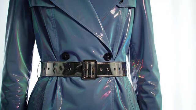 Shimmering iridescent blue trench coat cinched at the waist with a wide belt and rectangular metal buckle