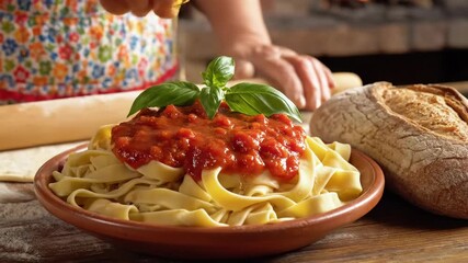 Close up of freshly prepared tomato soup in a rustic bowl