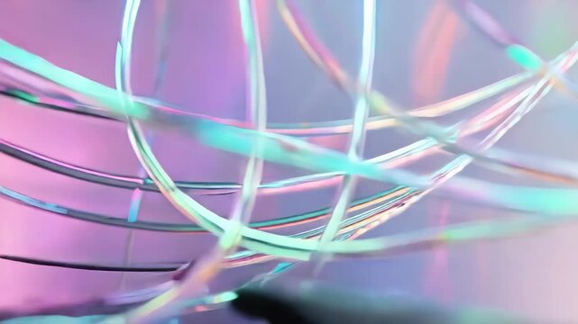 Abstract close-up of shattered dark material and glowing neon light tubes creating a futuristic and dynamic visual effect.