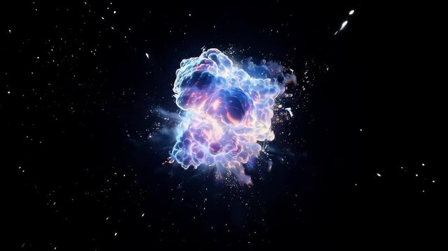 Abstract Colorful Smoke Explosion in Dark Space with Glowing Particles and Dynamic Motion.