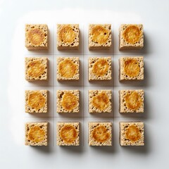 Square Cut Sponge Cakes Arranged Neatly on a White Background, Minimalist