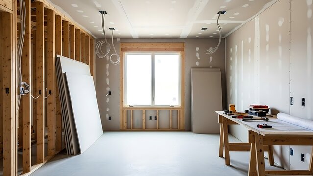Bright unfinished room with wooden framing and plasterboard ready for finish