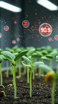 Green Seedlings Growing In Dark Room With Red Molecules Floating