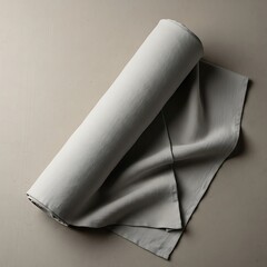 Subtle grey linen roll resting on a neutral surface in soft lighting