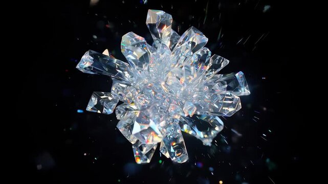 Abstract Ice Crystal Formation on Black Background with Shimmering Light and Particles.