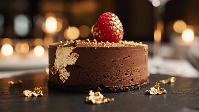 Gourmet chocolate dessert with raspberry and gold leaf decoration