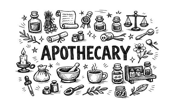 Hand-drawn apothecary illustration with bottles, herbs, and scales
