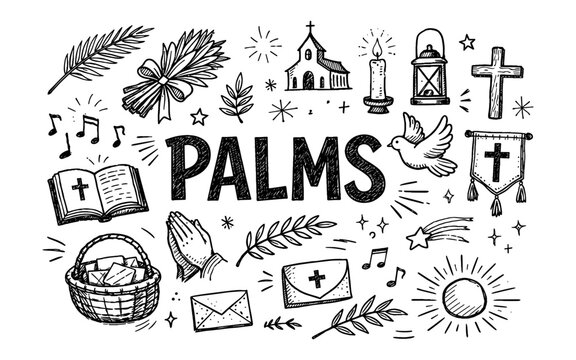 Doodle art celebrating Palm Sunday with religious symbols and text
