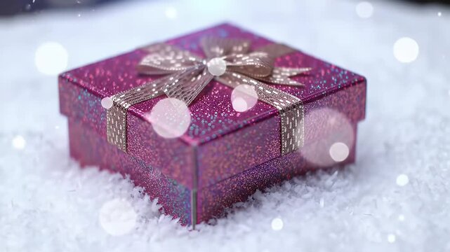 Sparkling Purple Gift Box with Silver Ribbon Resting on Snowy Glimmering Surface
