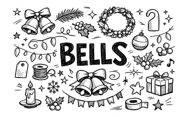Hand-drawn Christmas elements and the word Bells in a doodle art style