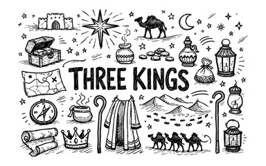 Hand-drawn illustration of the Three Kings journey with symbols of their gifts and travel
