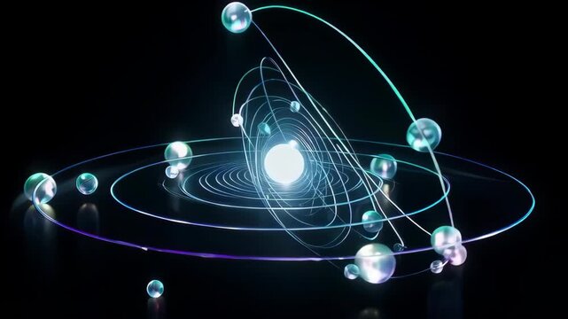 Abstract representation of an atom with electrons orbiting a glowing nucleus, symbolizing scientific discovery and technological advancement.