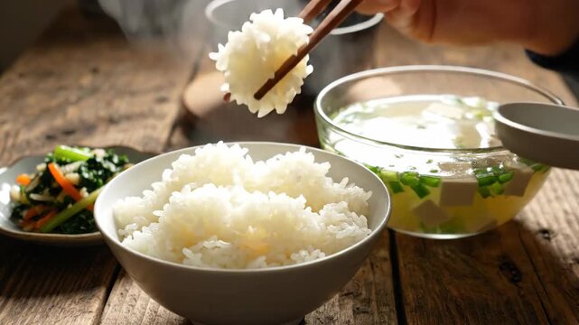Prepared asian cuisine still life with rice soup and vegetables