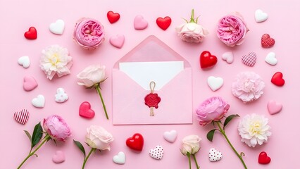 Valentine's day concept with pink and red hearts, flowers, and envelope on soft