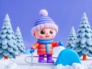 a toy figure is riding a sler through a snowy forest