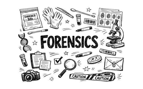 Doodle illustration of forensic science tools and evidence collection items