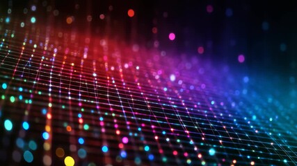 Vibrant digital grid with glowing multicolored lights and abstract bokeh effects, creating a futuristic and dynamic technology background. Perfect for innovation, AI, and data visualization themes - Powered by Adobe