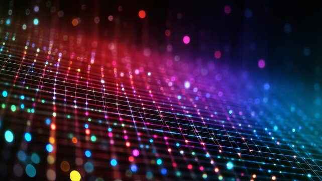 Vibrant digital grid with glowing multicolored lights and abstract bokeh effects, creating a futuristic and dynamic technology background. Perfect for innovation, AI, and data visualization themes