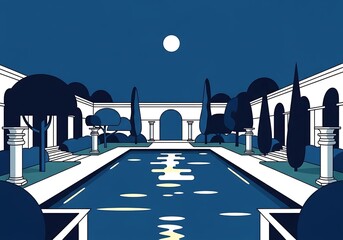 Stylized midnight illustration of classical garden with moonlit pool
