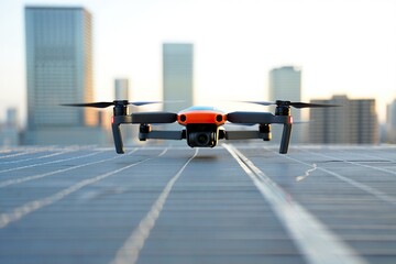 Drone resting on solar panels with city skyline at sunrise